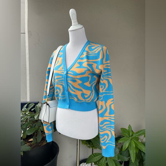 ☘️ NA-KD FAshion Printed Cropped Cardigan In Orange and Blue L - Picture 3 of 11